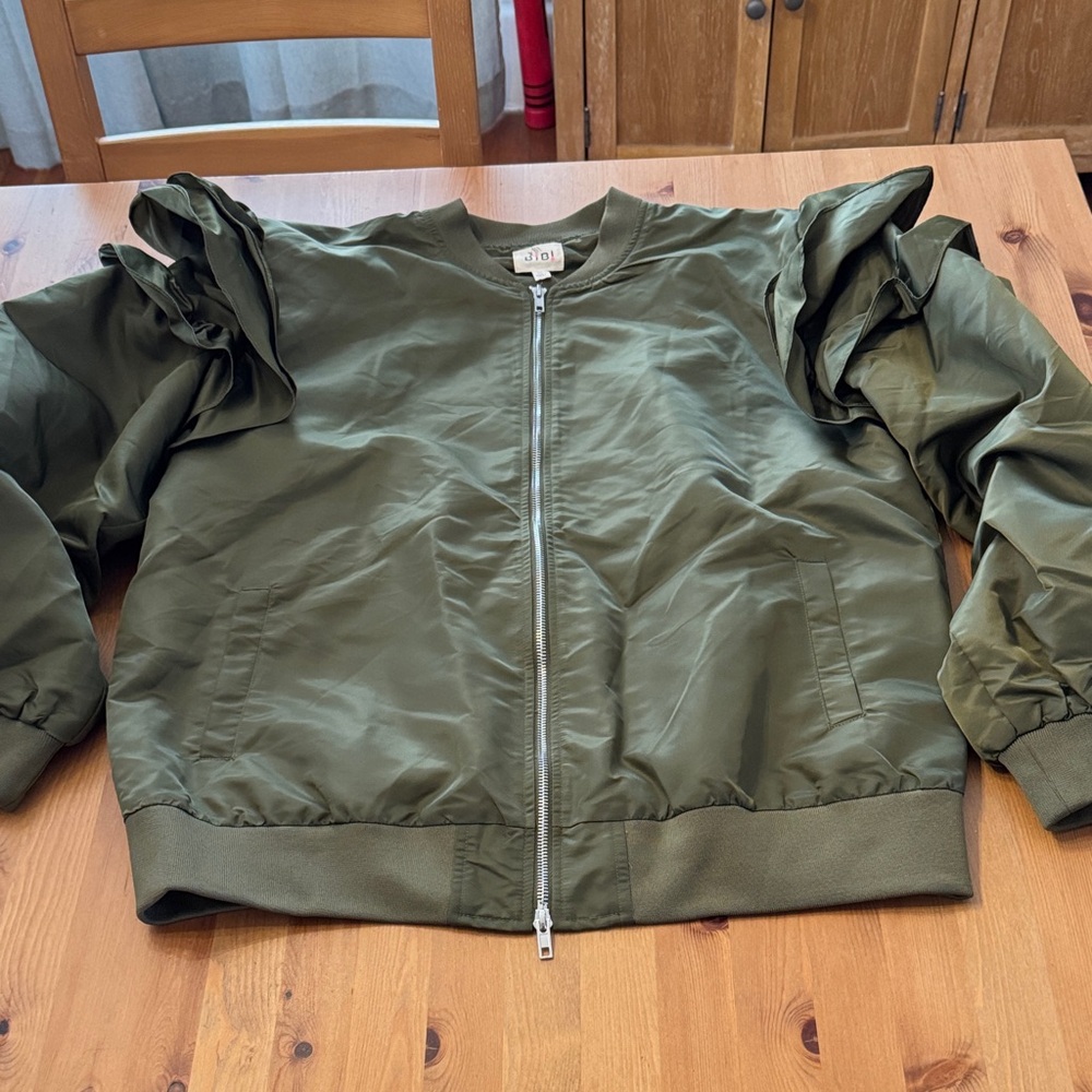 BiBi Olive Green Ruffle Sleeve Bomber Jacket Size Large